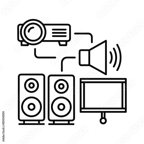 Audio visual equipment setup with a projector, loudspeaker, two speakers, and a screen for presentations