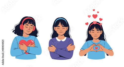 Three girls showing different forms of self-love and self-care with hearts and gestures.