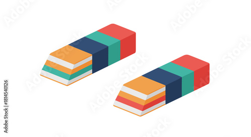 Two isometric erasers with distinct colored layers against a white background.