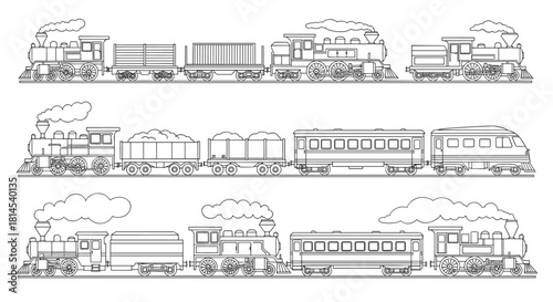 Collection of three different styles of trains, including steam engines and modern locomotives, in black and white line art.