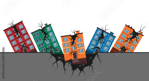 Buildings collapsing and cracking due to an earthquake causing ground rupture.