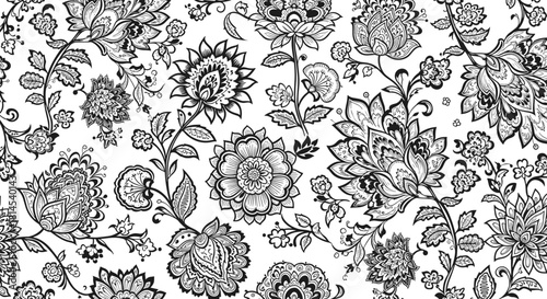 Intricate black and white floral pattern with paisley and botanical elements.