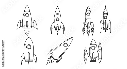 Collection of simple line art rocket ship illustrations in various designs and poses.