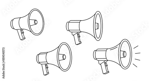 A collection of four simple line art illustrations of megaphones on a white background.