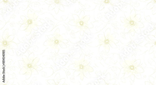 A delicate, seamless pattern of stylized yellow flowers and swirling vines on a white background.