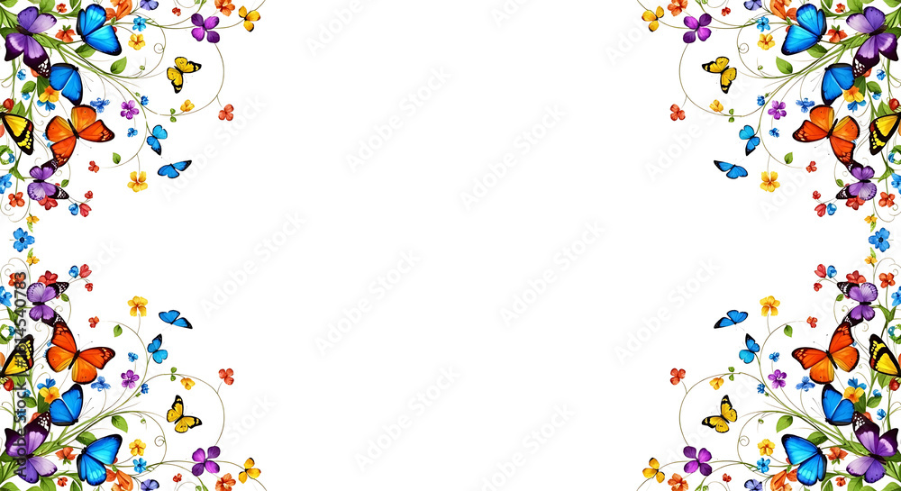 Fototapeta premium A vibrant floral frame with colorful butterflies and swirling vines creating a beautiful corner border for a joyful spring celebration