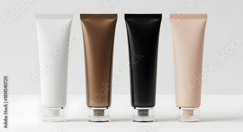 Four cosmetic tubes in white brown black and beige colors