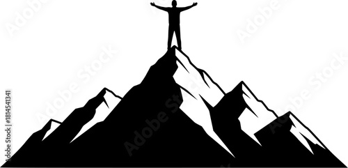 Silhouette of a man on top of a mountain isolated on white background, arms outstretched