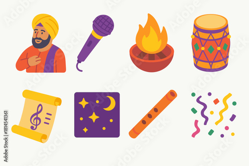 Lohri Celebration Icons. Lohri Melodies flat icon set: folk singer, microphone, fire pit, decorated dhol, music scroll, starry night, flute, colorful confetti