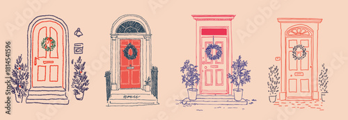 Hand drawn festive front doors decorated with Christmas wreaths and seasonal foliage in a colourful sketch style