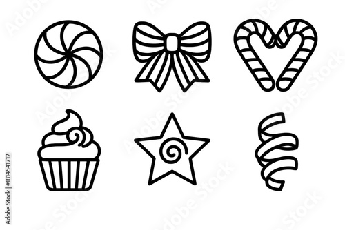 Festive Candy Icons. Holiday Swirls linear icon set : round peppermint, striped ribbon, candy cane heart, cupcake, festive star, ribbon curl
