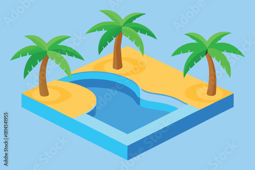 Sunny isometric island with blue water and three palms Vector