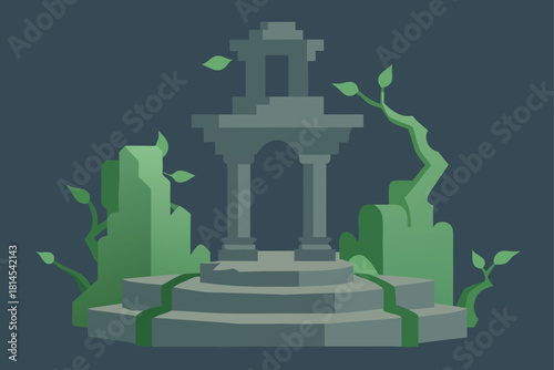 Ancient stone structure with vibrant green foliage art Vector