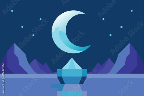 Crescent moon over icy lake with mountains at night Vector