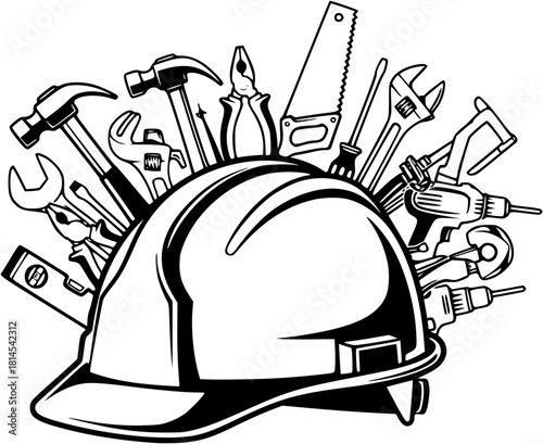 A black and white vector illustration of a construction hard hat filled with tool icons