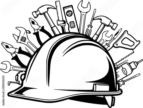 A black and white vector illustration of a construction hard hat filled with tool icons