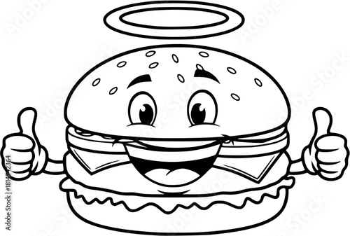 
A cartoon burger with a halo giving two thumbs up in a black and white vector illustration style