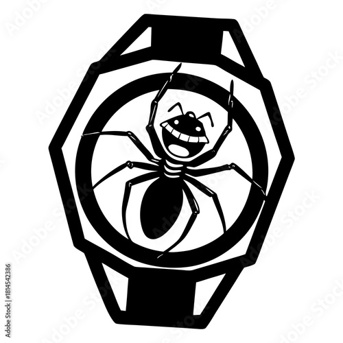 Funny cartoon spider silhouette inside a hexagonal watch face isolated on white background