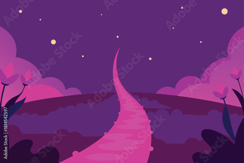 Purple and pink fantasy landscape with winding path Vector