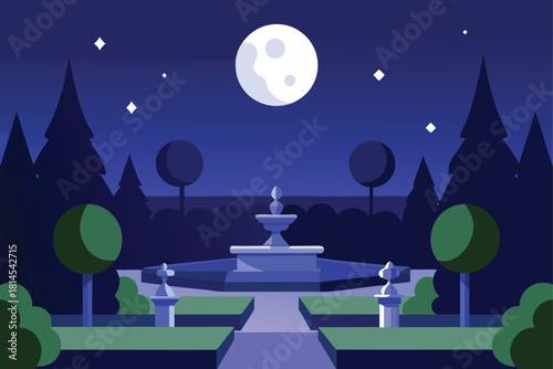 Moonlit elegant garden with central fountain at night Vector