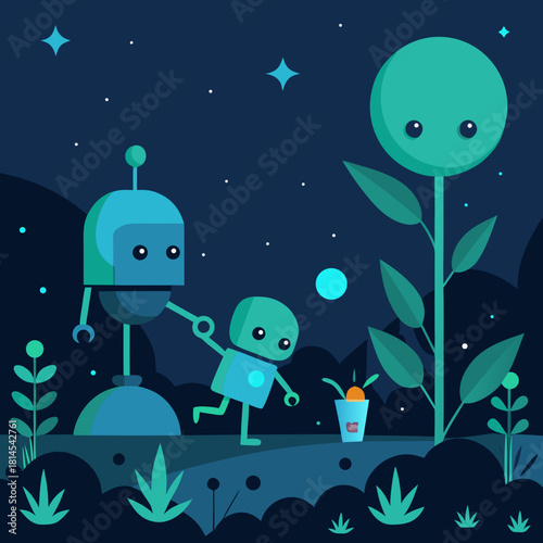 Cute robots exploring a starry night landscape silhouette isolated on white background