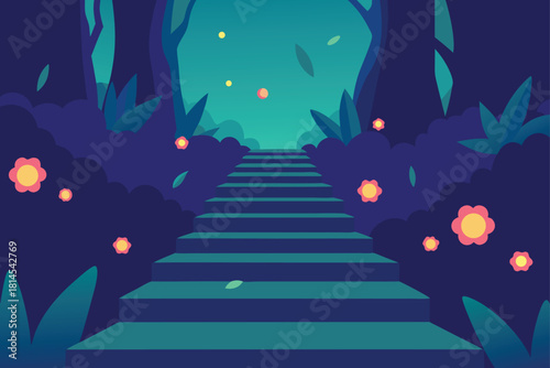 Magical mystical path through enchanted forest at dusk Vector