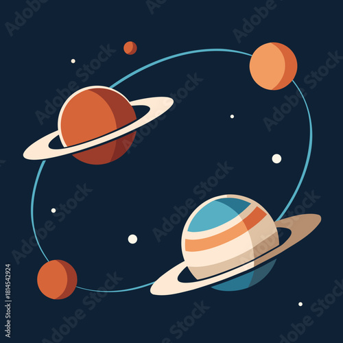 Stylized planets with rings and moons in orbit isolated on white background silhouette