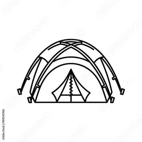 Simple black and white line art icon of a dome style camping tent isolated on