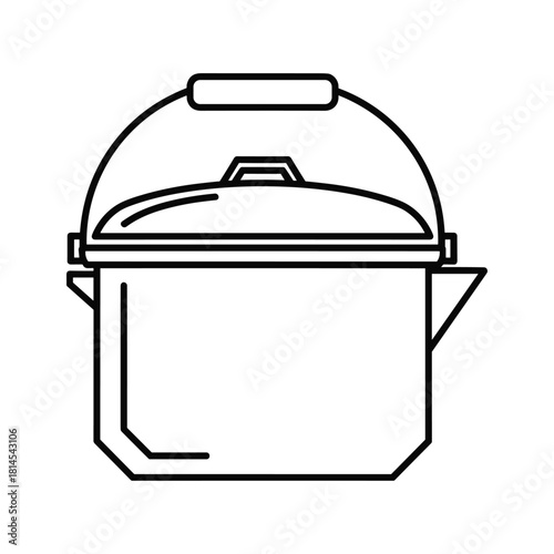 Outline icon of a camping cooking pot with a bail handle and lid, isolated on