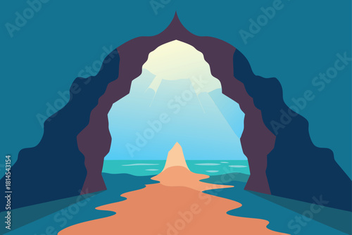 Cave entrance opens to a bright beach and ocean view Vector