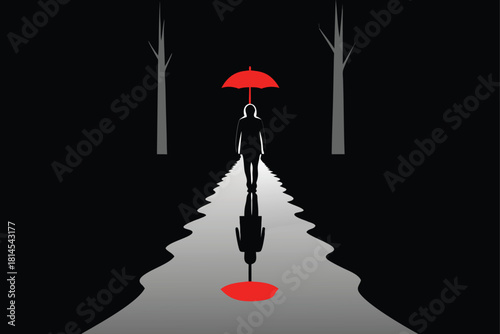 Single person walking with red umbrella on grey path Vector