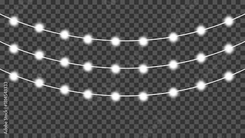 White glowing mini string light set with soft shiny rays and bright flare effect on transparent background. Decorative sunburst element for festive or luxury design. Vector illustration.