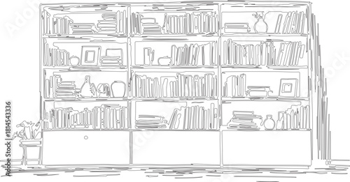 vector illustration of a sketch of a bookshelf or line art sketch Vector hand drawn of bookshelf for educational purpose design.