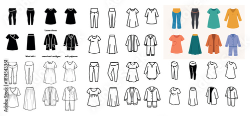 Fashion outlines and colored clothing illustrations