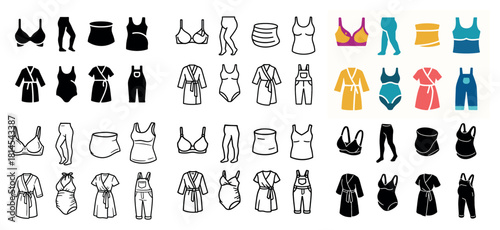 Assorted women's clothing icons in bold colors and outlines