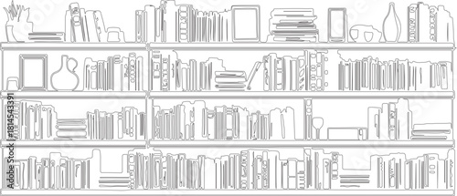 set of silhouettes of a book shelves with various geometric lines or hand drawn sketch art.