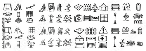 Hand-drawn playground icons and children playing