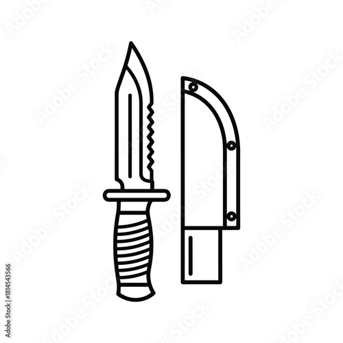 Outline icon of a combat survival knife with serrated edge and sheath isolated on