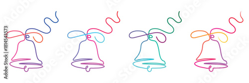 Festive Christmas bells line art drawing of continuous line in various colors isolated on white