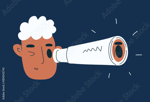 Cartoon vector illustration of a man looking through a telescope, symbolizing observation and exploration against dark background