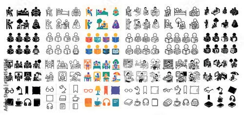 Diverse icons of people reading and relaxing activities