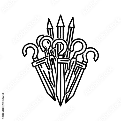 Group of closed umbrellas with hooked handles standing upright, simple black and white line art icon isolated on