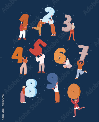 Cartoon vector illustration of people holding numbers from 0 to 9 symbolizing counting, teamwork, and learning against dark background