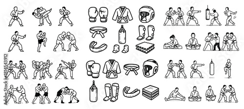 Martial arts training icons and equipment illustrations