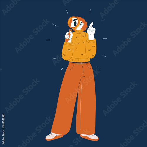 Cartoon vector illustration of a woman looking through a magnifying glass symbolizing investigation, curiosity, and attention to detail against dark background