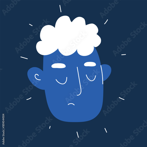 Cartoon vector illustration of a sad face with closed eyes symbolizing sorrow, disappointment, or introspection against dark background