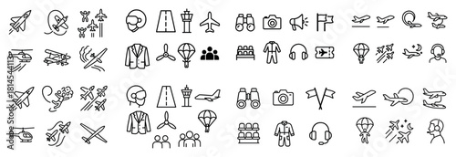 Aviation icon set: planes, helicopters, parachutes