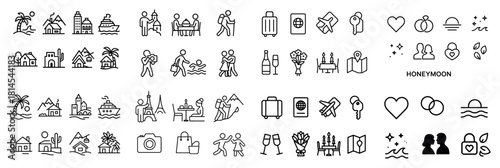 Icon set illustrating travel and honeymoon themes