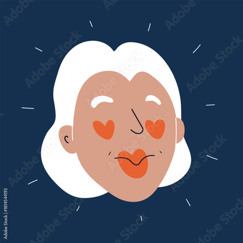 Cartoon vector illustration of a woman with heart-shaped eyes symbolizing love, admiration, or infatuation against dark background