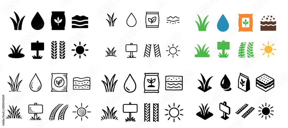 Naklejka premium Gardening icons set: plants, sun, water, soil designs